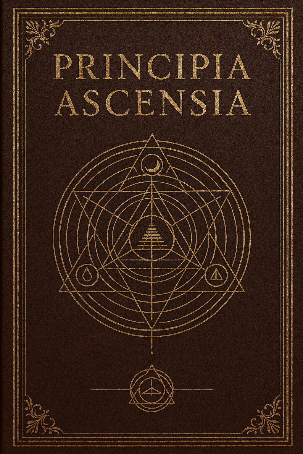 Dark leather book cover with gold geometry and the title Principia Ascenscia